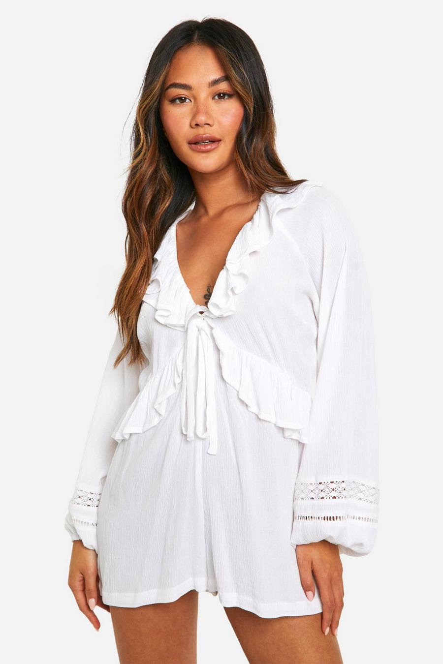 White Cotton Broderie Detail Ruffle Playsuit