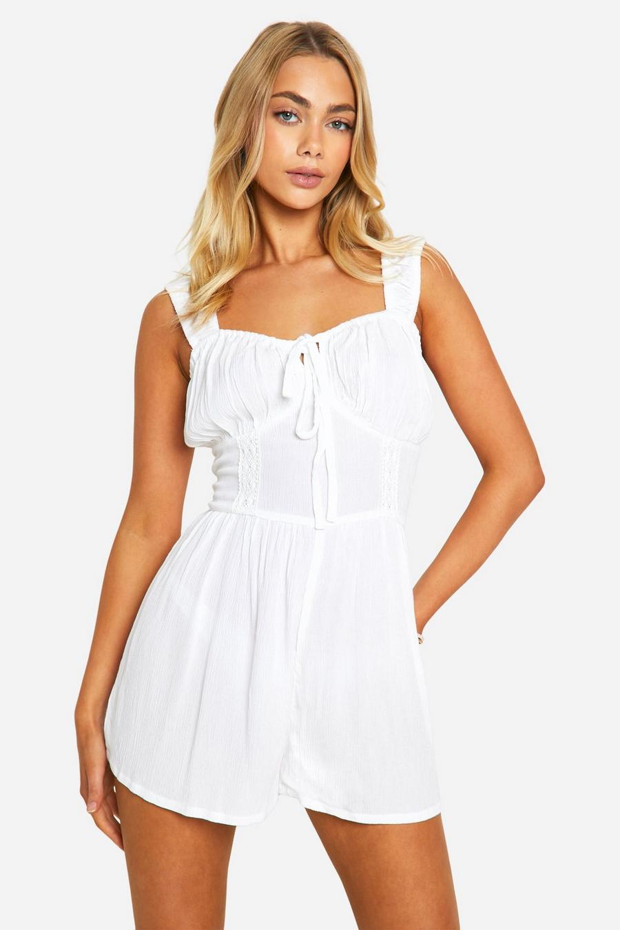 White Cotton Broderie Milkmaid Playsuit image number 1