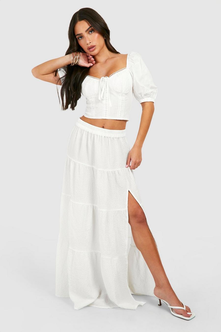 Petite Textured Tiered Hem Woven Maxi Skirt, White