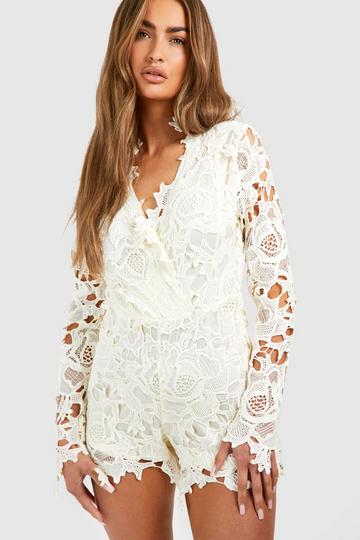 Crochet Long Sleeve Playsuit cream