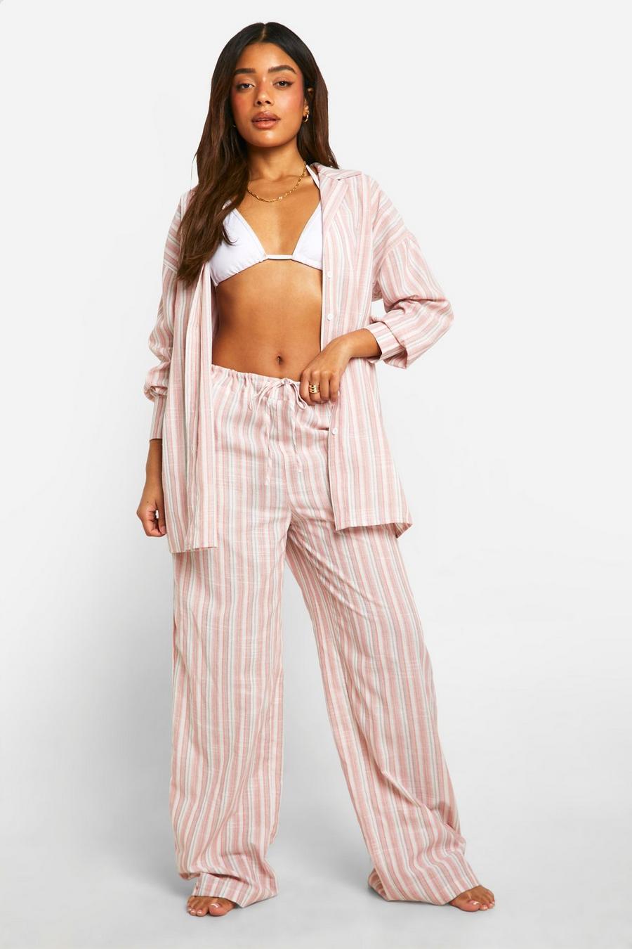 Pink Linen Look Stripe Wide Leg Beach Trousers image number 1