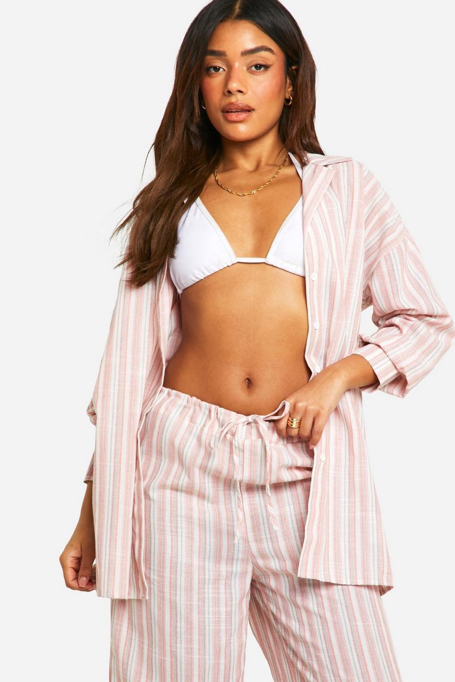 Pink Linen Look Stripe Oversized Beach Shirt Dress image number 1