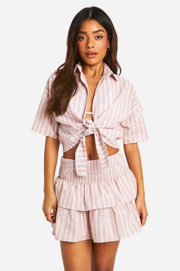 Linen Look Stripe Tiered Beach Rara Skirt pink