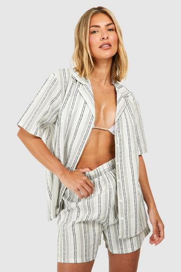 White Linen Look Stripe Short Sleeve Beach Shirt