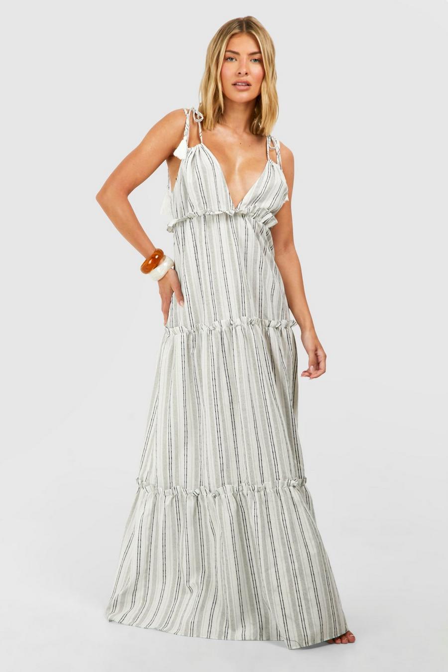 White Linen Look Stripe Beach Maxi Smock Dress image number 1