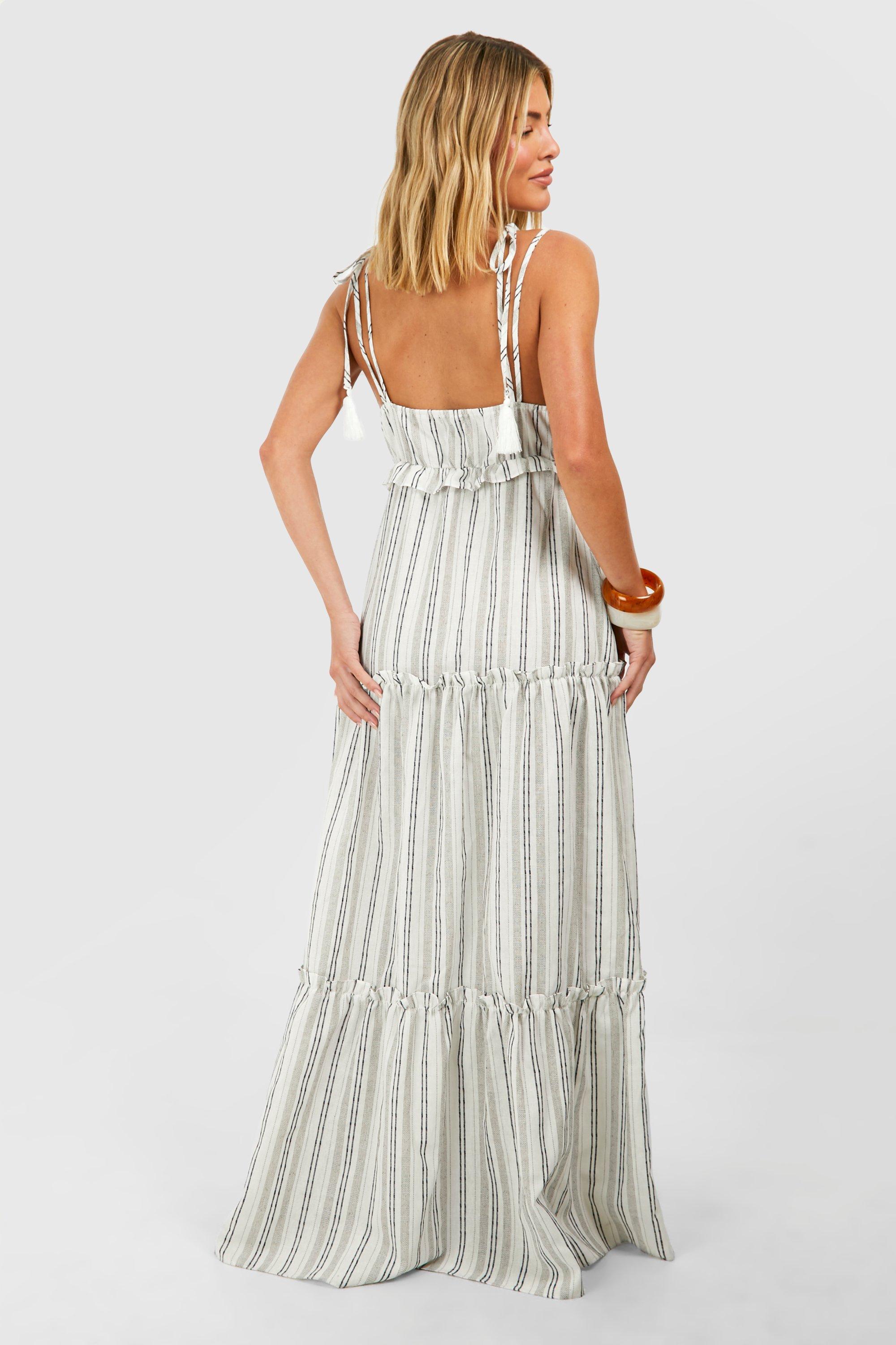 Robe longue de plage en lin a rayures