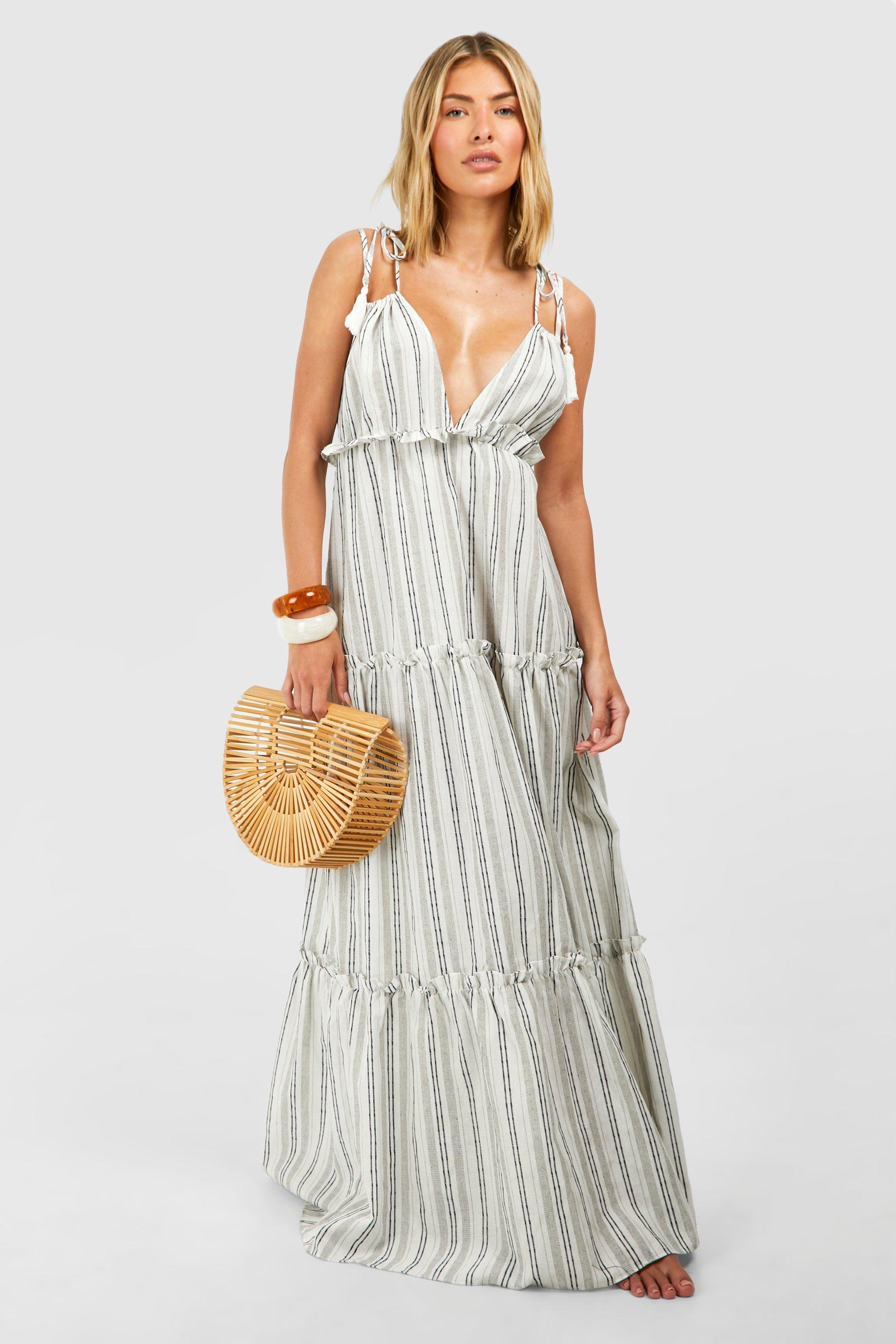 Robe longue de plage en lin a rayures
