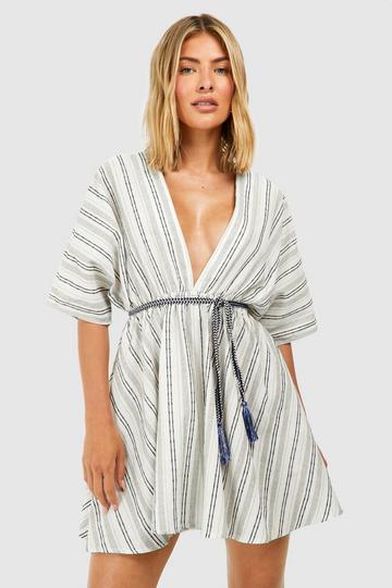 Gestreepte Linnen Look Strand Kaftan Met Touwen Riem white