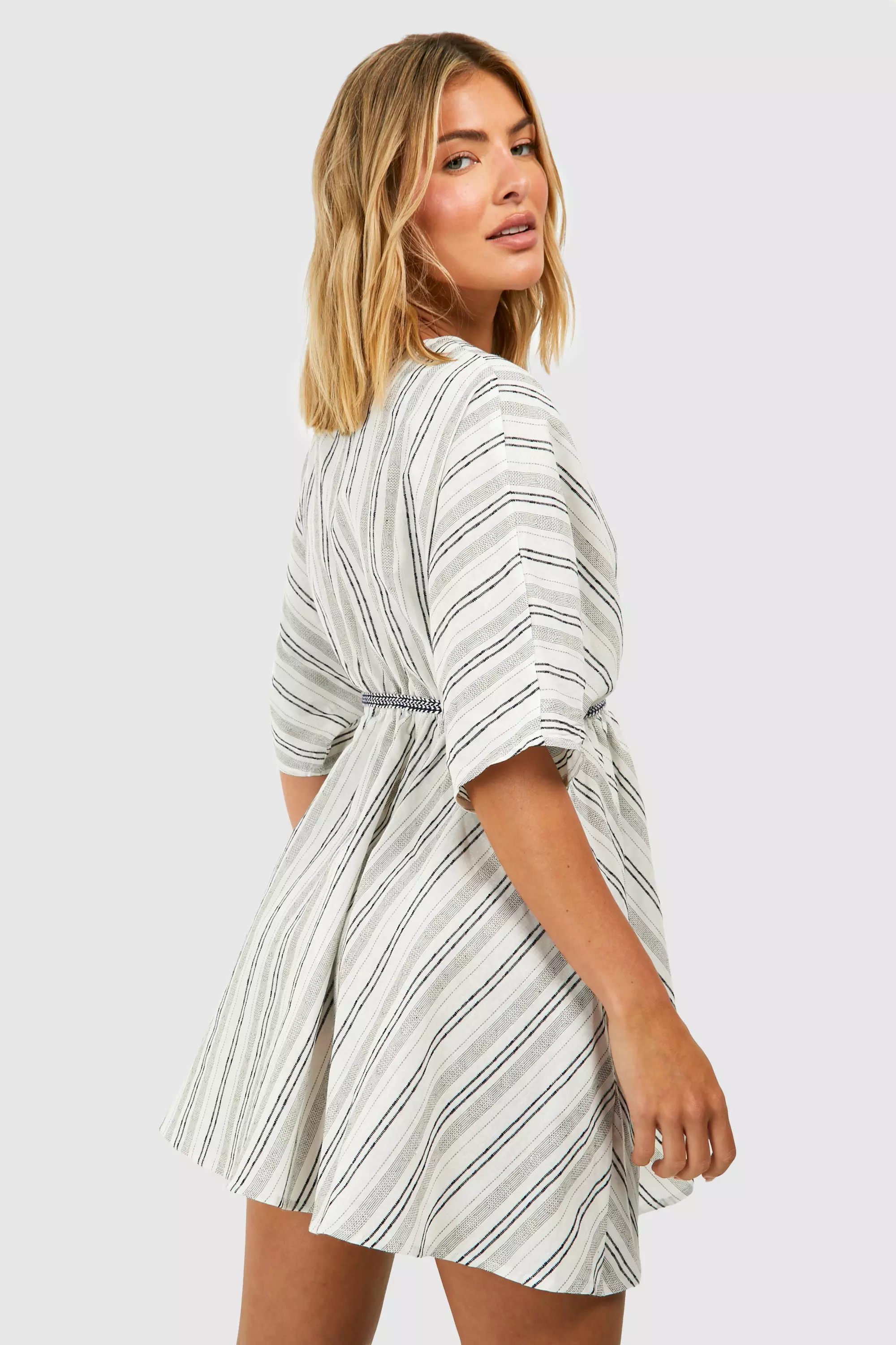 White Linen Look Stripe Rope Belt Beach Kaftan alternative image