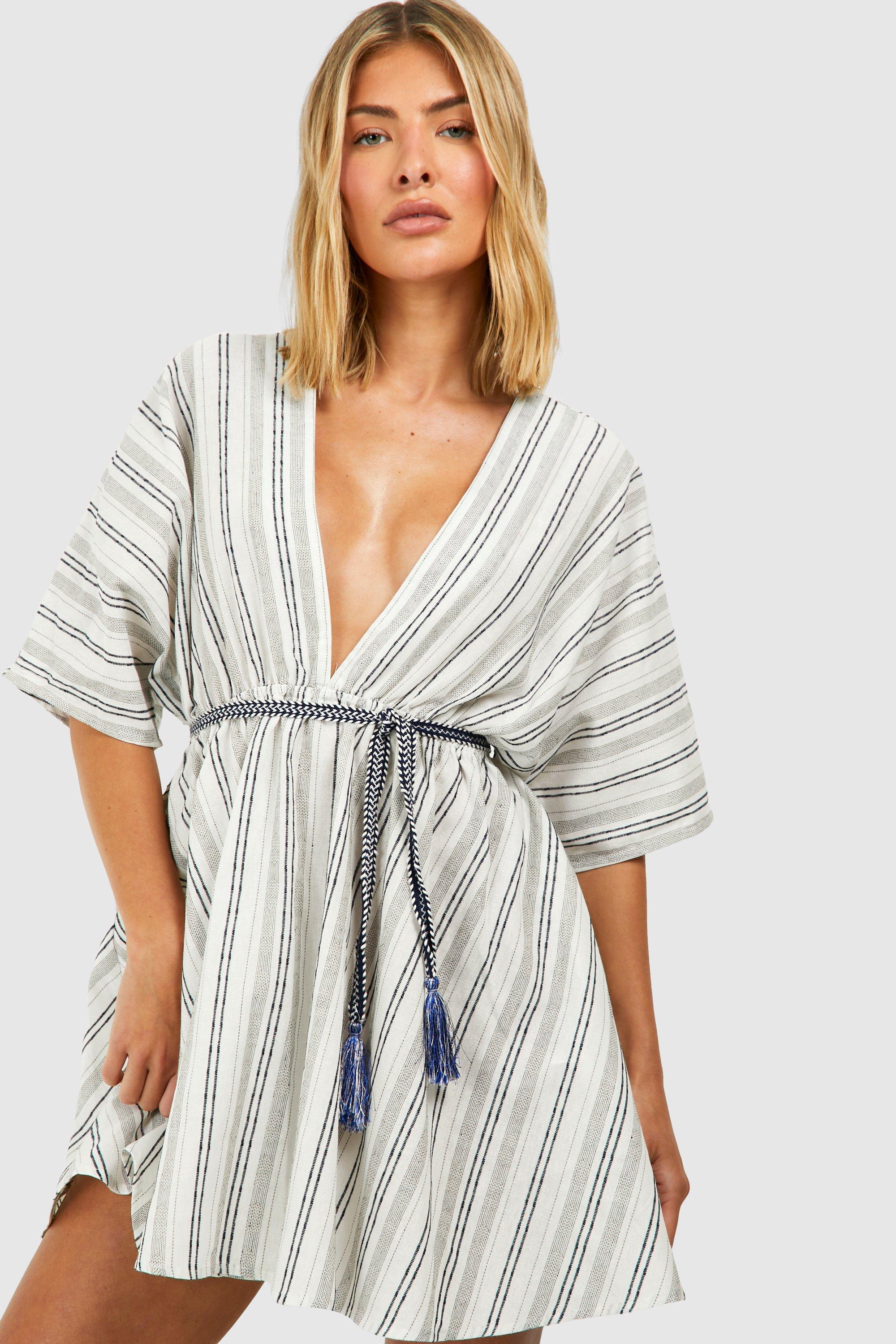 Kaftan de plage en lin a ceinture et rayures