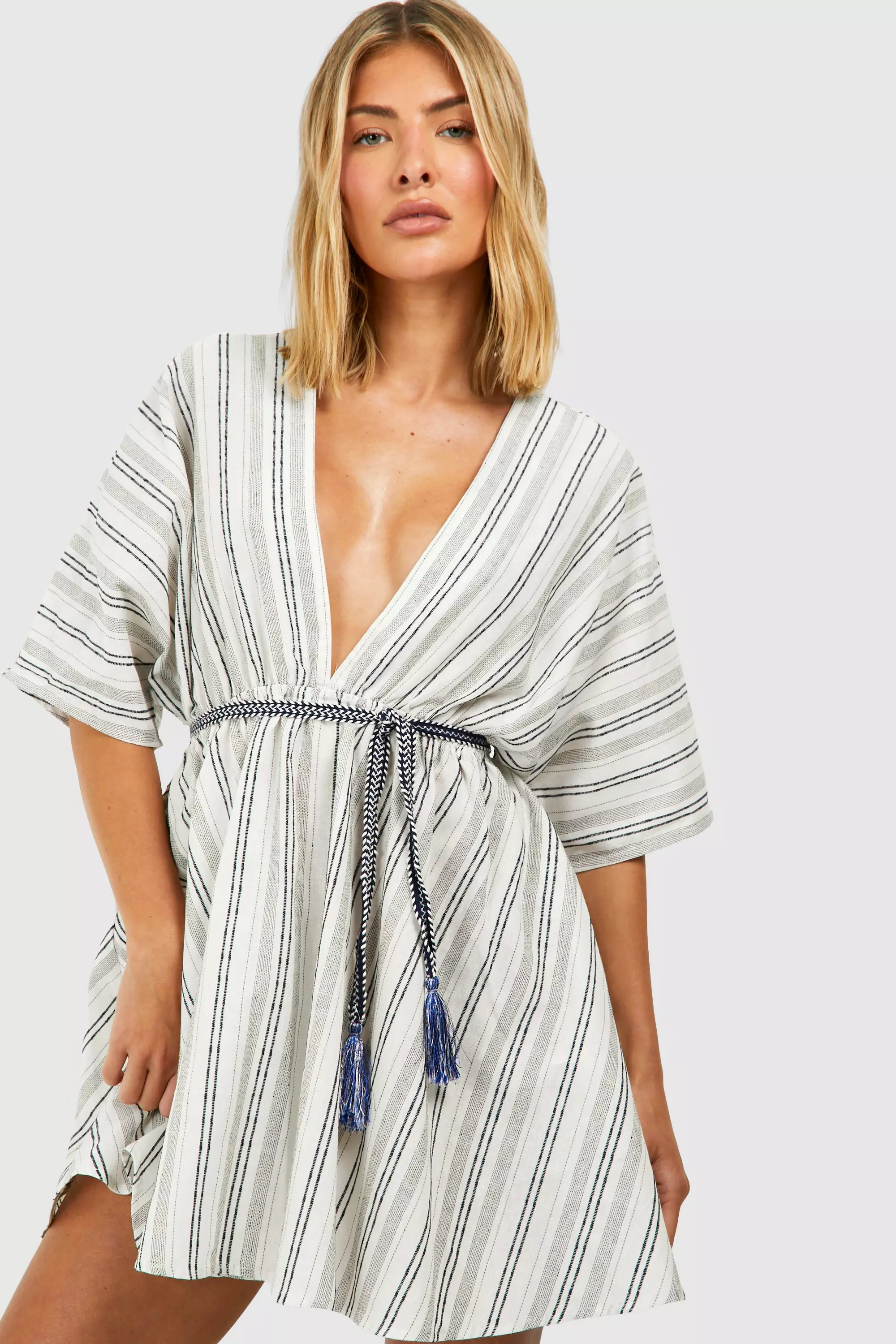 White Linen Look Stripe Rope Belt Beach Kaftan alternative image