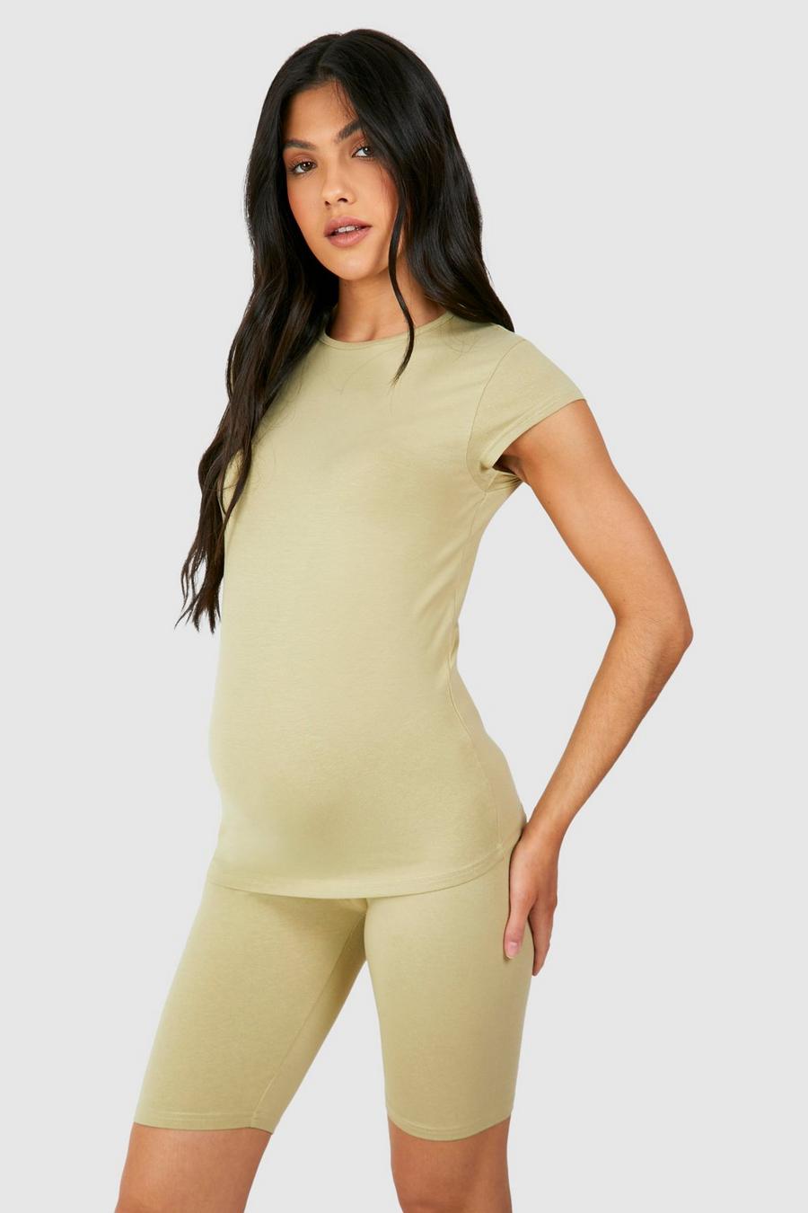 Light khaki Zwangerschap Zacht Getailleerd Modal T-Shirt Met Kapmouwen