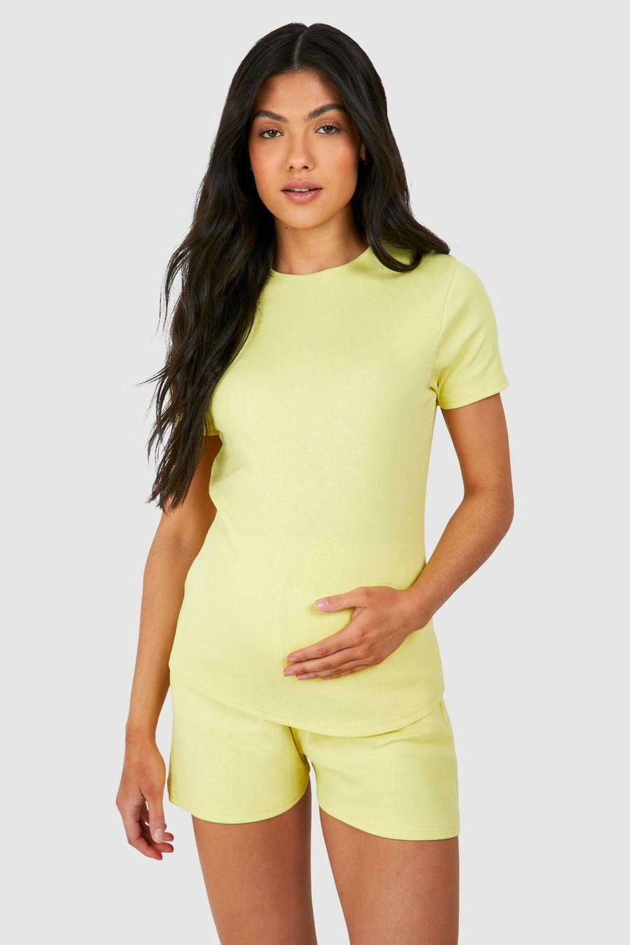 Umstandsmode geripptes Loungewear T-Shirt und Shorts, Lemon image number 1