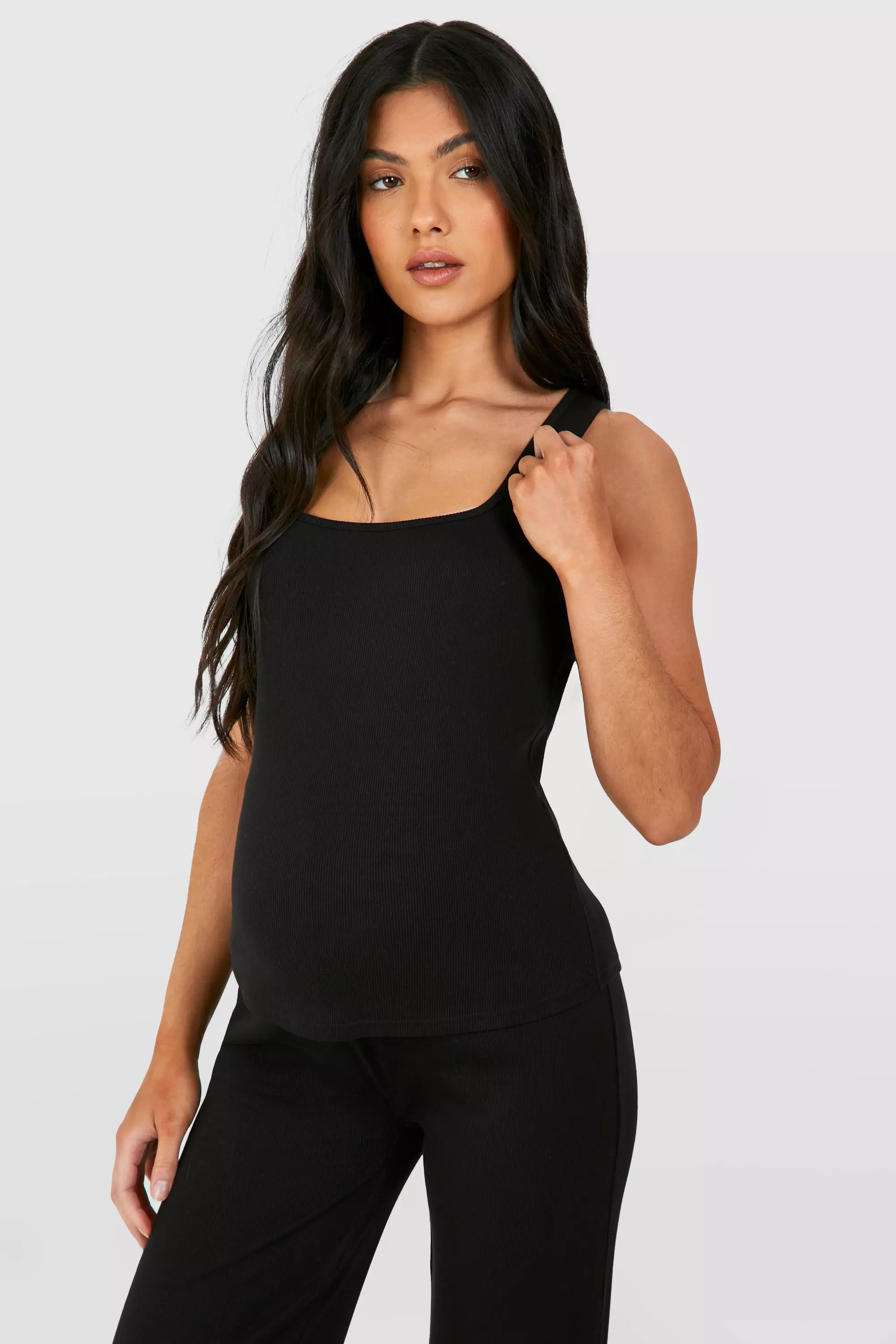 Black Maternity Ribbed Square Neck Vest Top صورة بديلة