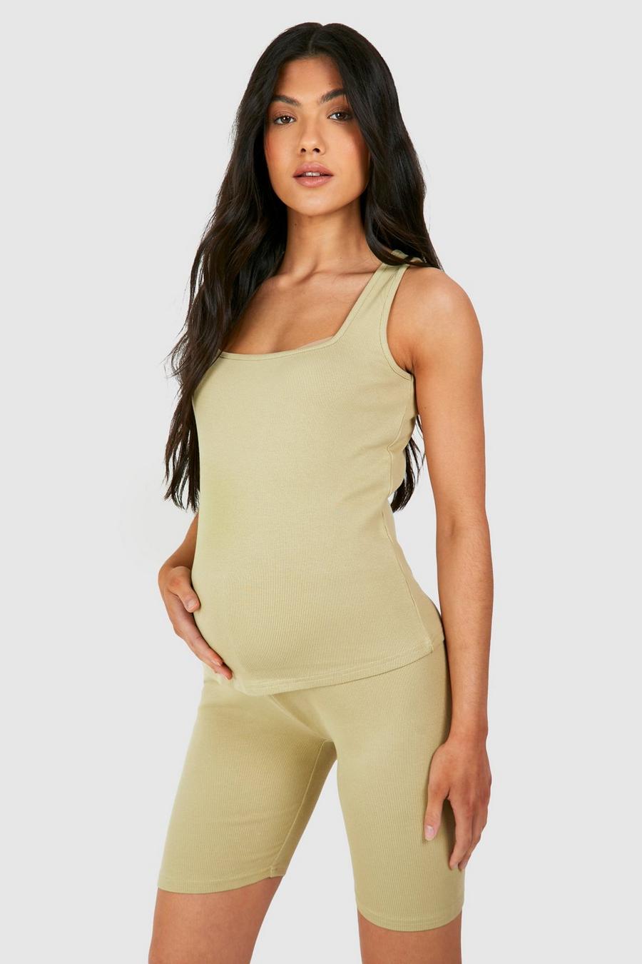 Olive Maternity Ribbed Square Neck Tank Top image number 1