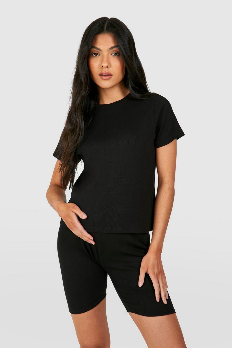 Maternité - T-shirt de grossesse côtelé à manches courtes, Black image number 1