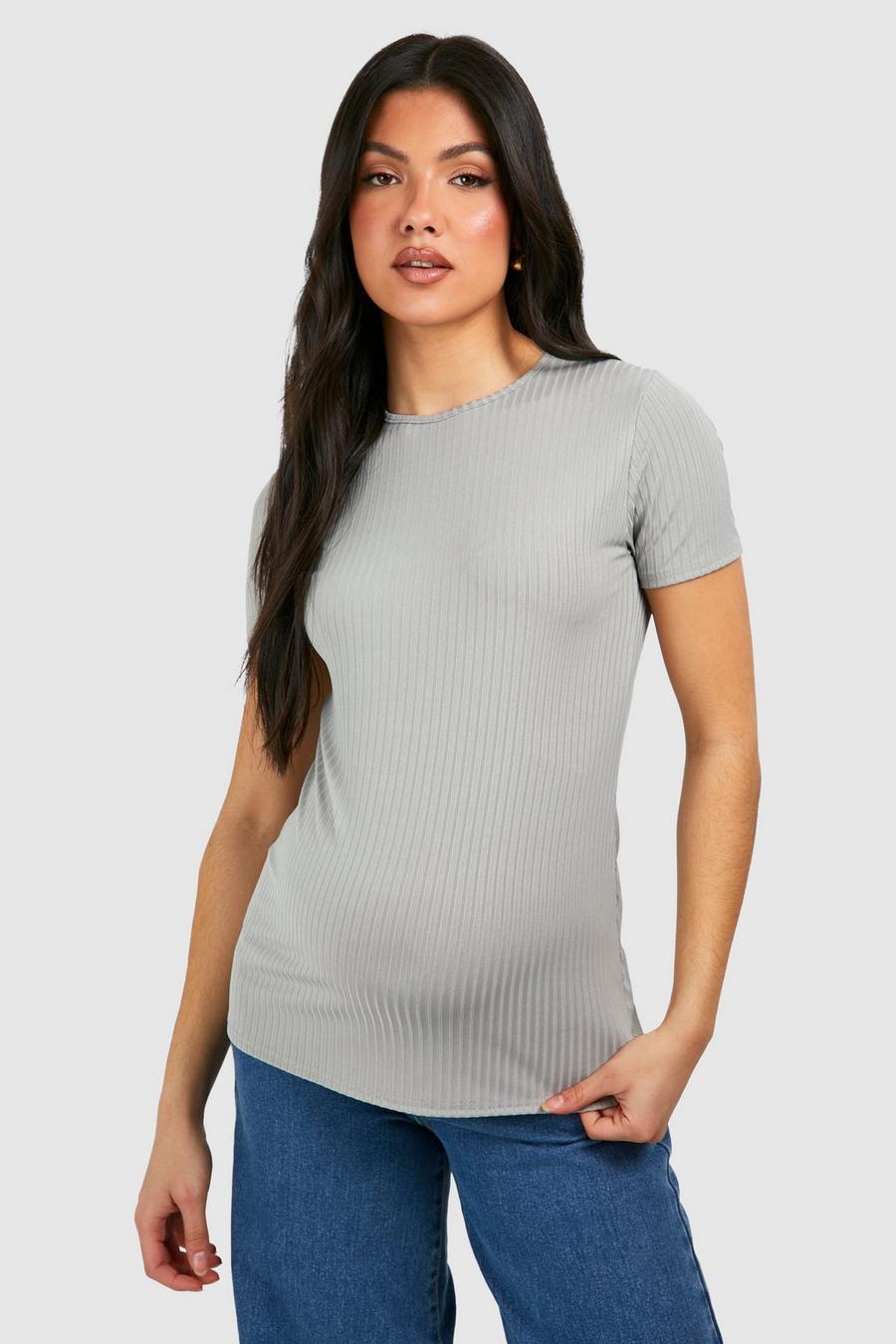 Maternité - T-shirt de grossesse côtelé à col ras-du-cou, Grey