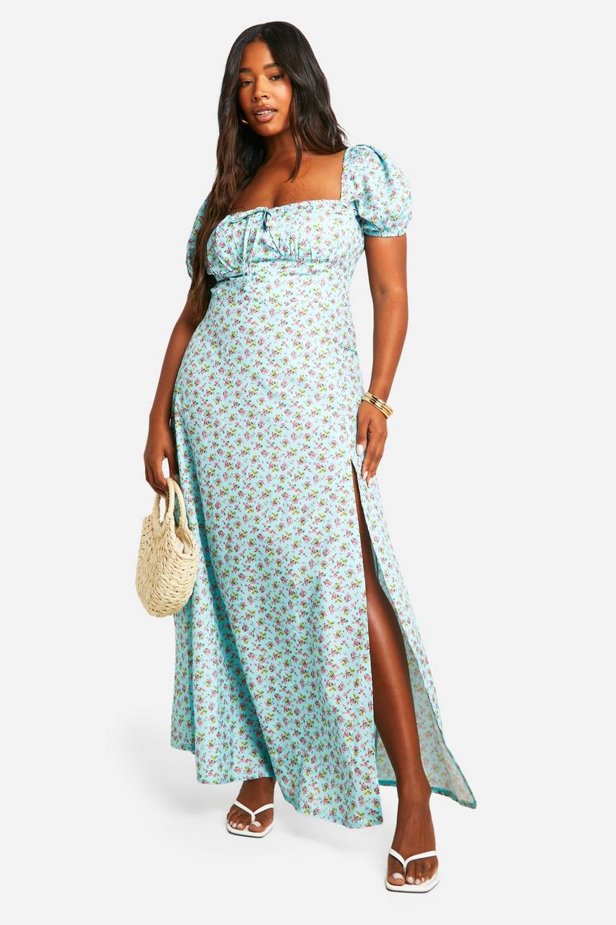 Blue Plus Woven Floral Printed Milkmaid Midaxi Dress