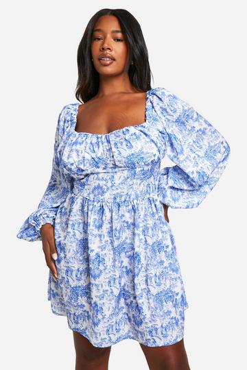 Blue Plus Woven Porcelain Print Milkmaid Skater Dress