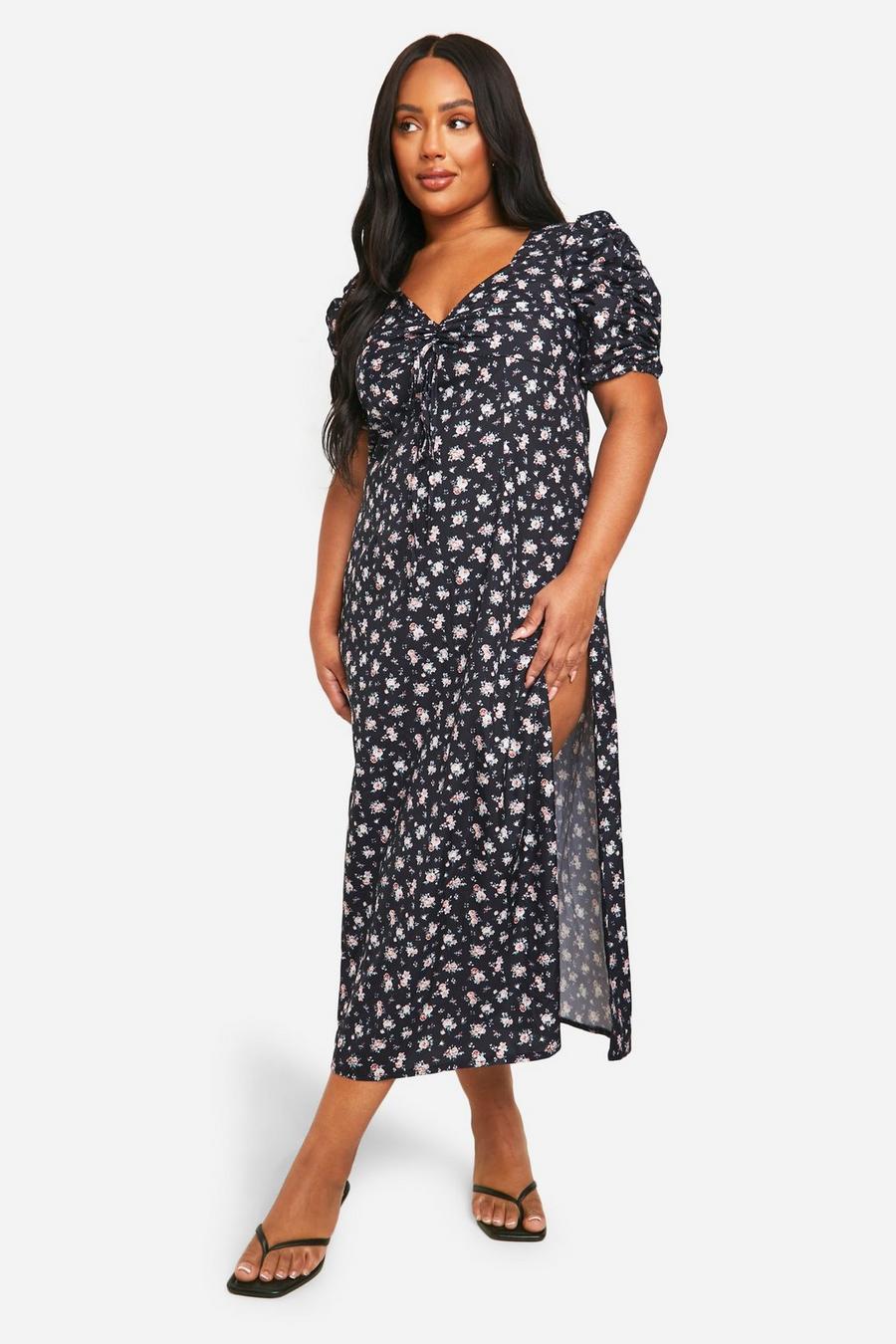 Black Plus Woven Ditsy Floral Ruched Milkmaid Dress