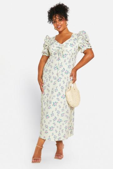 Plus Woven Ditsy Floral Ruched Milkmaid Dress lemon