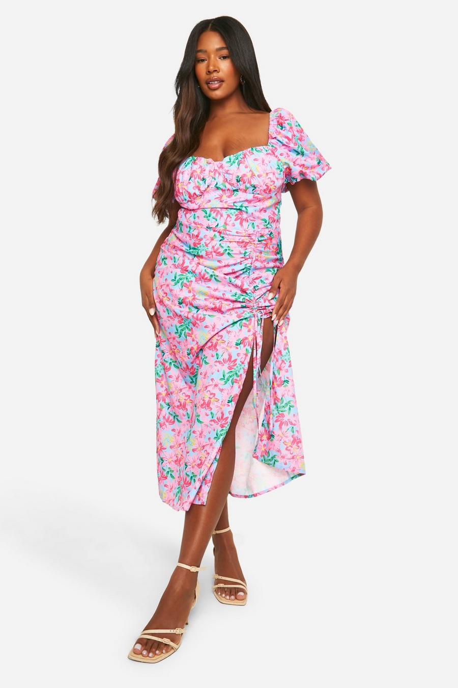 Pink Plus Woven Ditsy Floral Ruched Midaxi Dress  image number 1