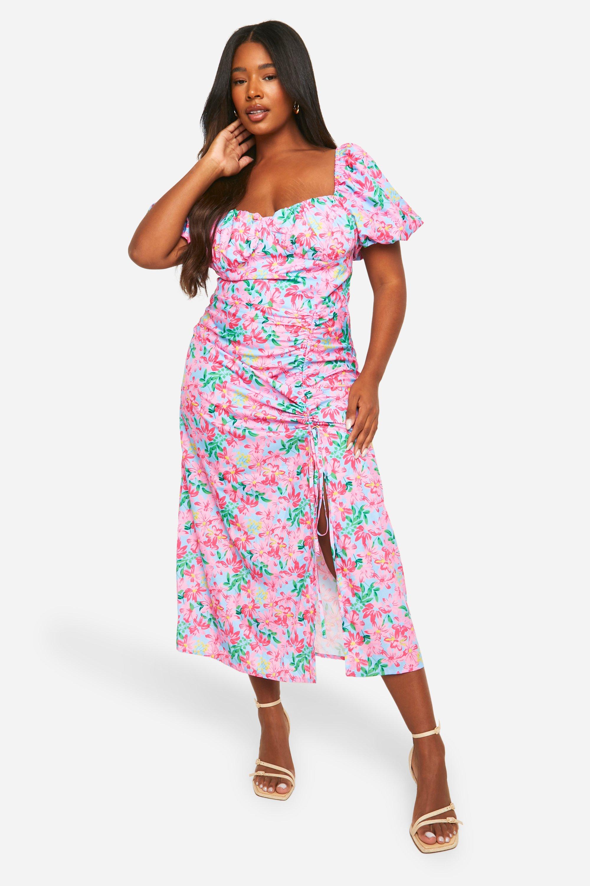 Grande taille Robe mi longue froncee a fleurs boohoo FR