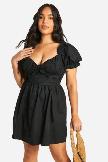 Plus Woven Milkmaid Button Down Skater Dress black