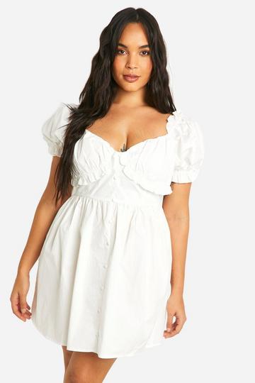 Plus Woven Milkmaid Button Down Skater Dress white