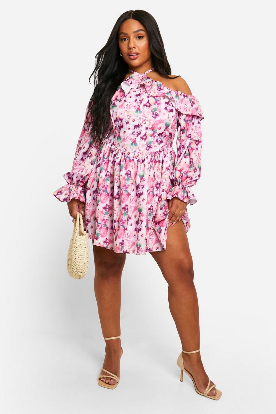 Pink Plus Woven Milkmaid Button Down Skater Dress  image number 1