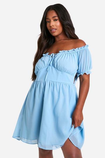 Plus Bardot Lace Up Skater Dress blue