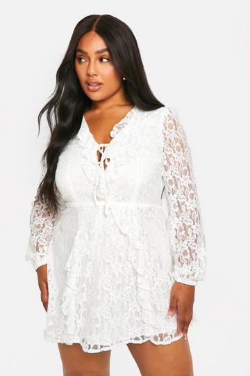 Plus Lace Ruffle Tie Skater Dress white