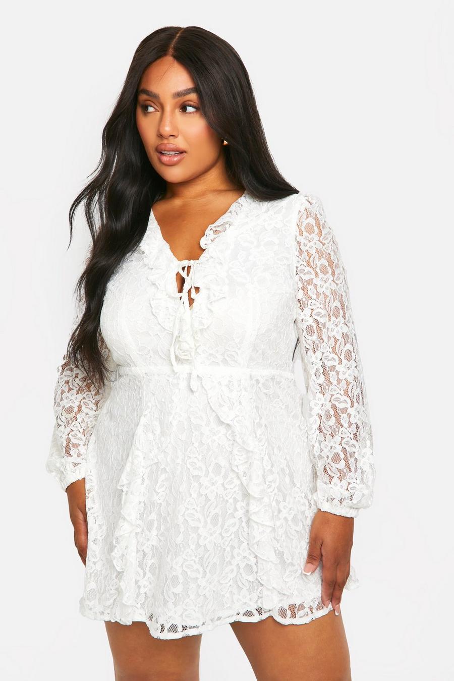 White Plus Lace Ruffle Tie Skater Dress image number 1