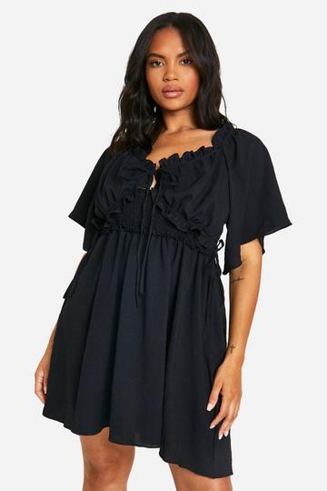 Black Plus Crinkle Milkmaid Ruffle Skater Dress