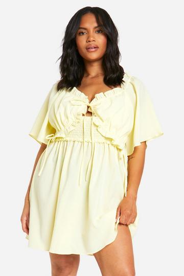 Lemon Yellow Plus Crinkle Milkmaid Ruffle Skater Dress