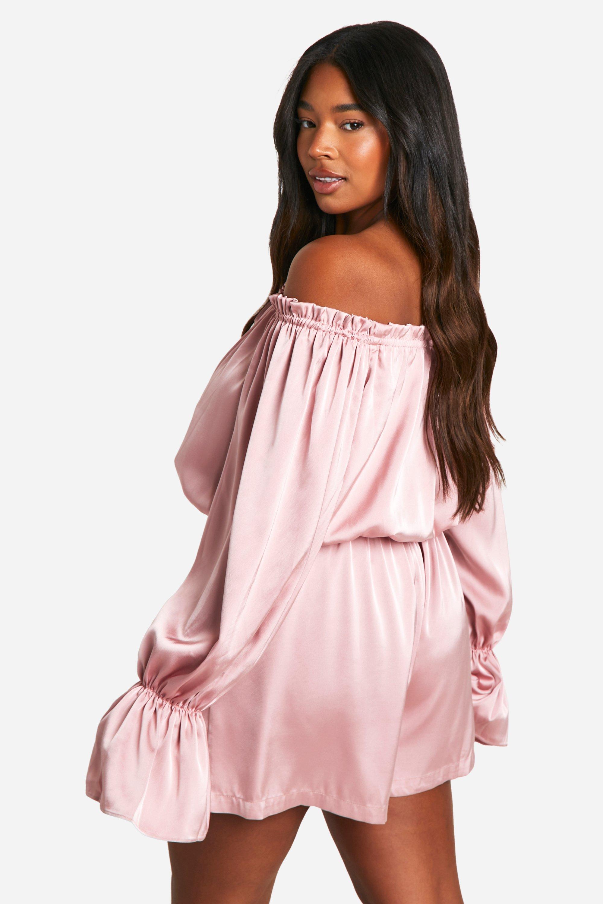 boohoo Plus Satin Off Shoulder Skater Romper Pink Size 24
