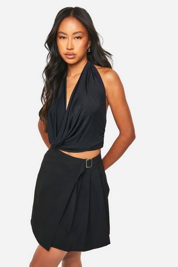 Wrap Asymmetric Pleated Skirt black