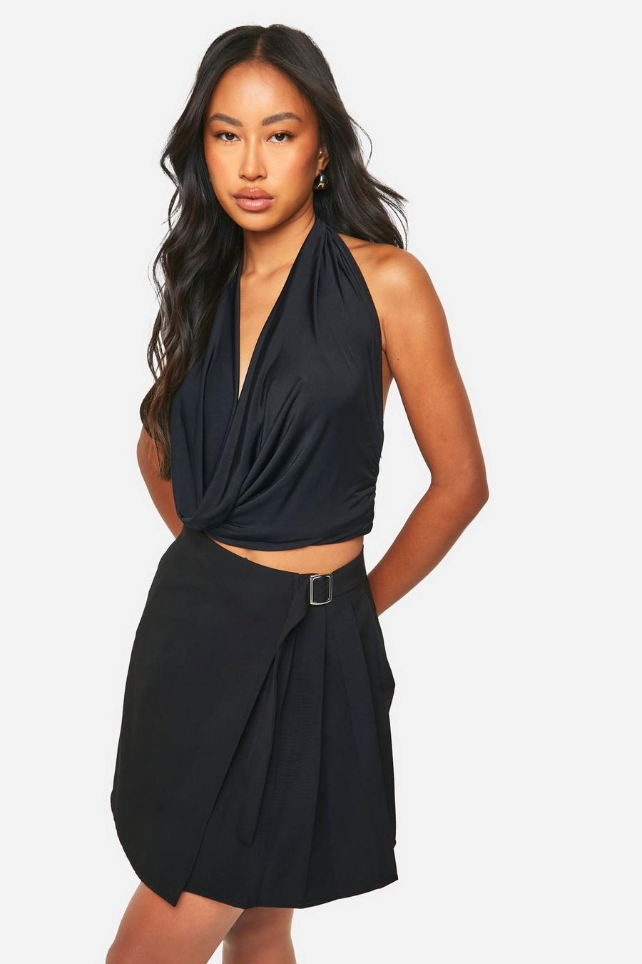 Black Wrap Asymmetric Pleated Skirt