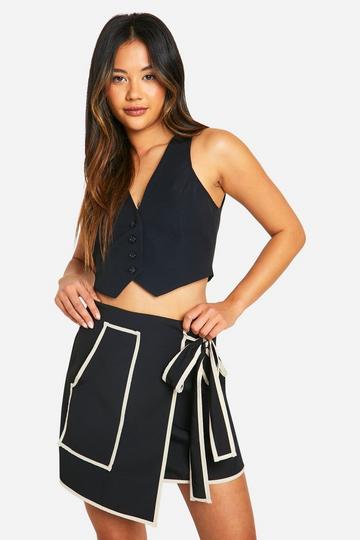 Contrast Trim Wrap Mini Skirt black