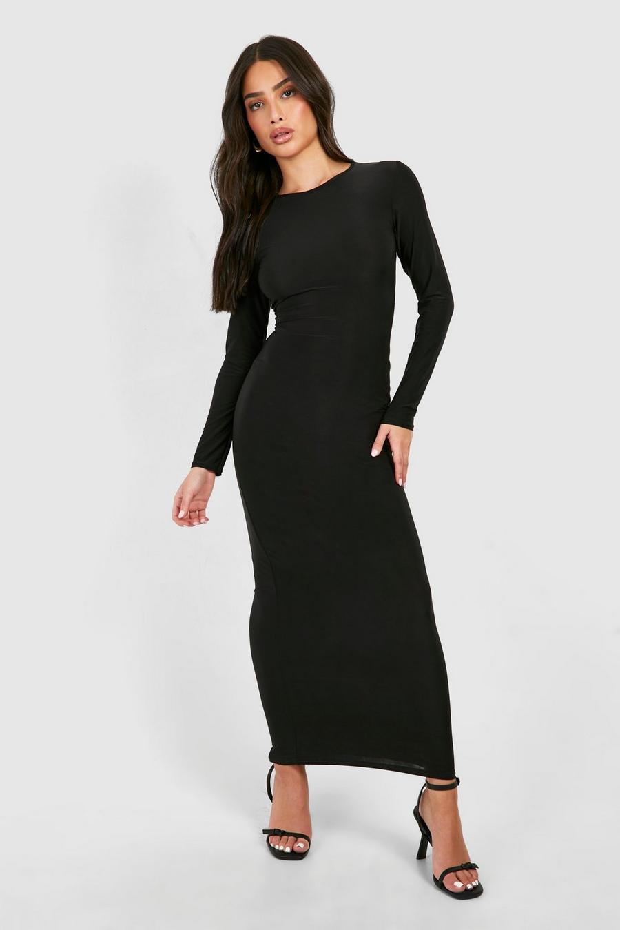 Black Petite Slinky Scoop Neck Long Sleeve Maxi Dress image number 1