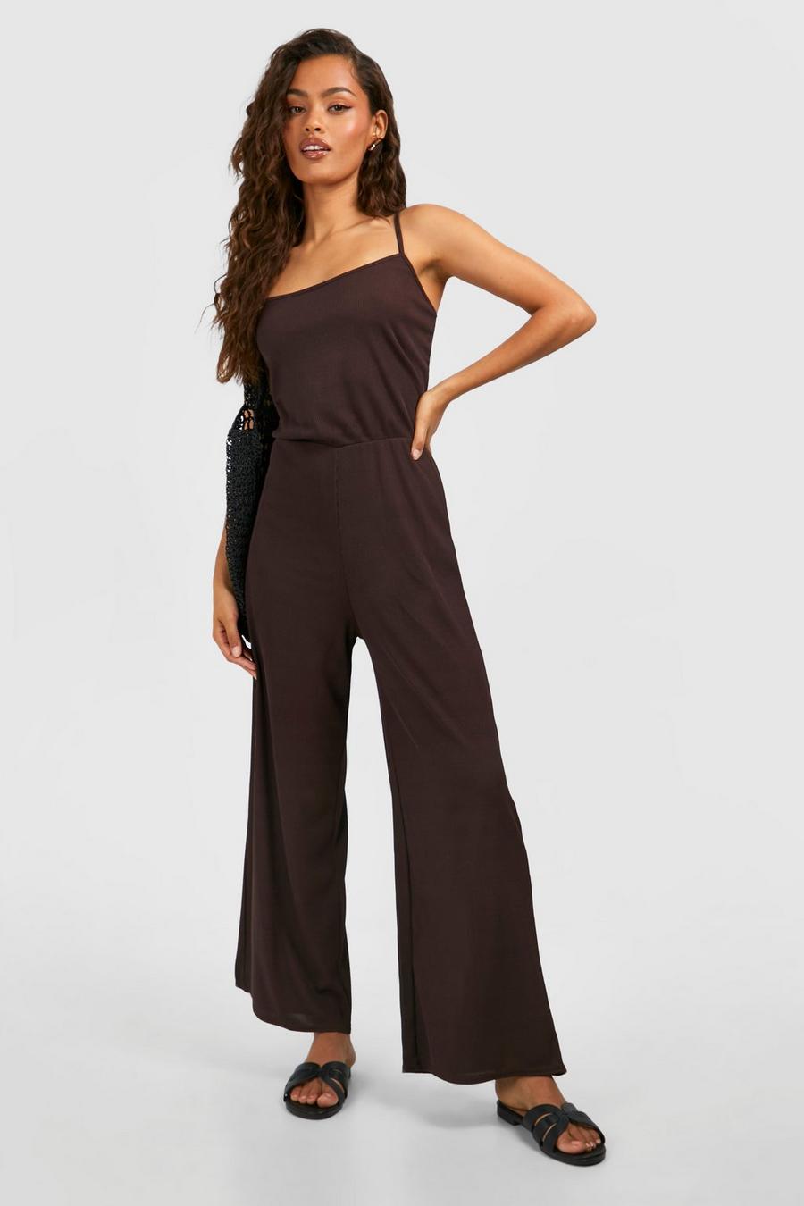 Chocolate Basic Rib Strappy Culotte Jumpsuit image number 1