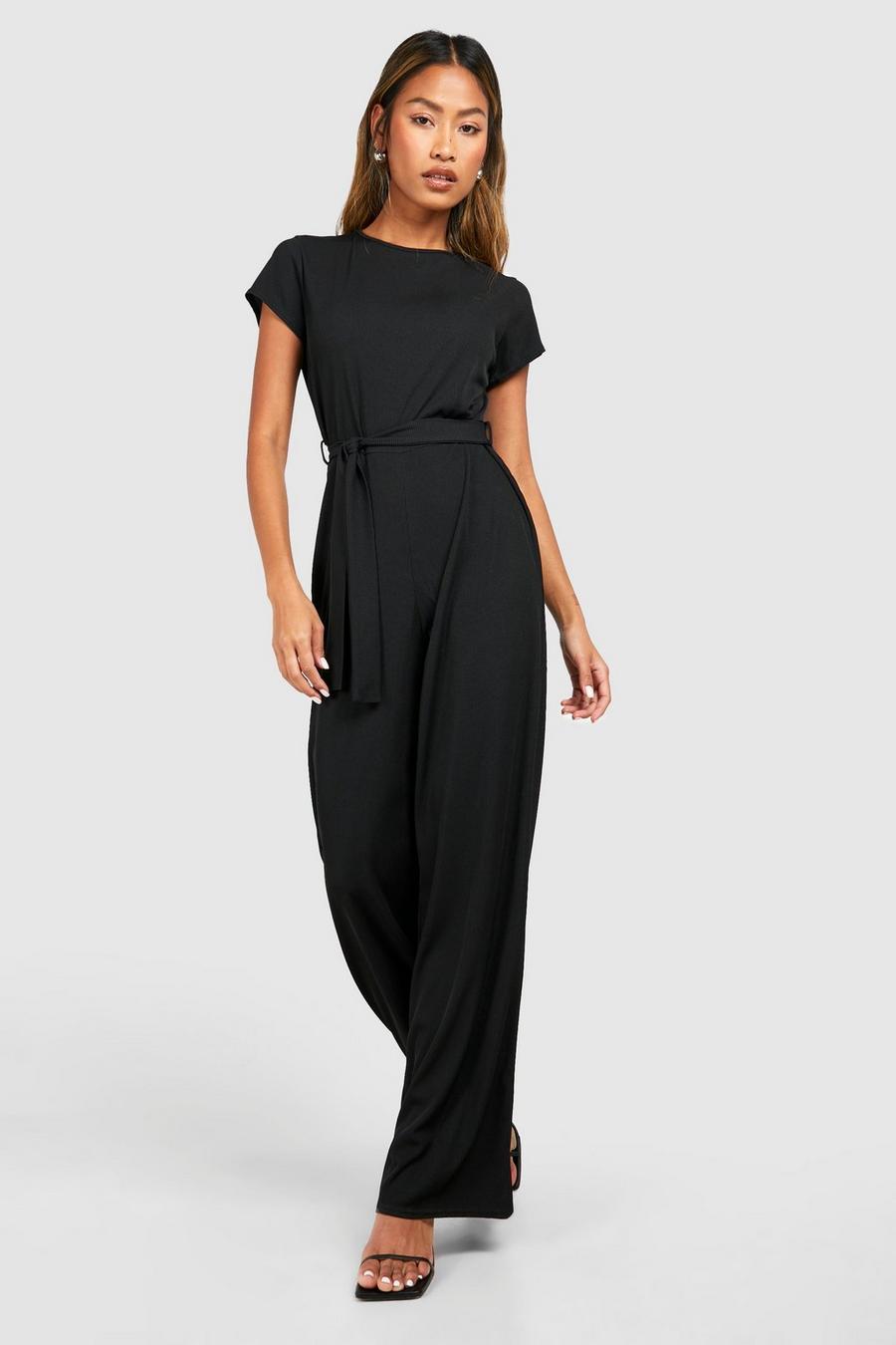 Black Slouchy Belted Soft Rib Jumpsuit image number 1