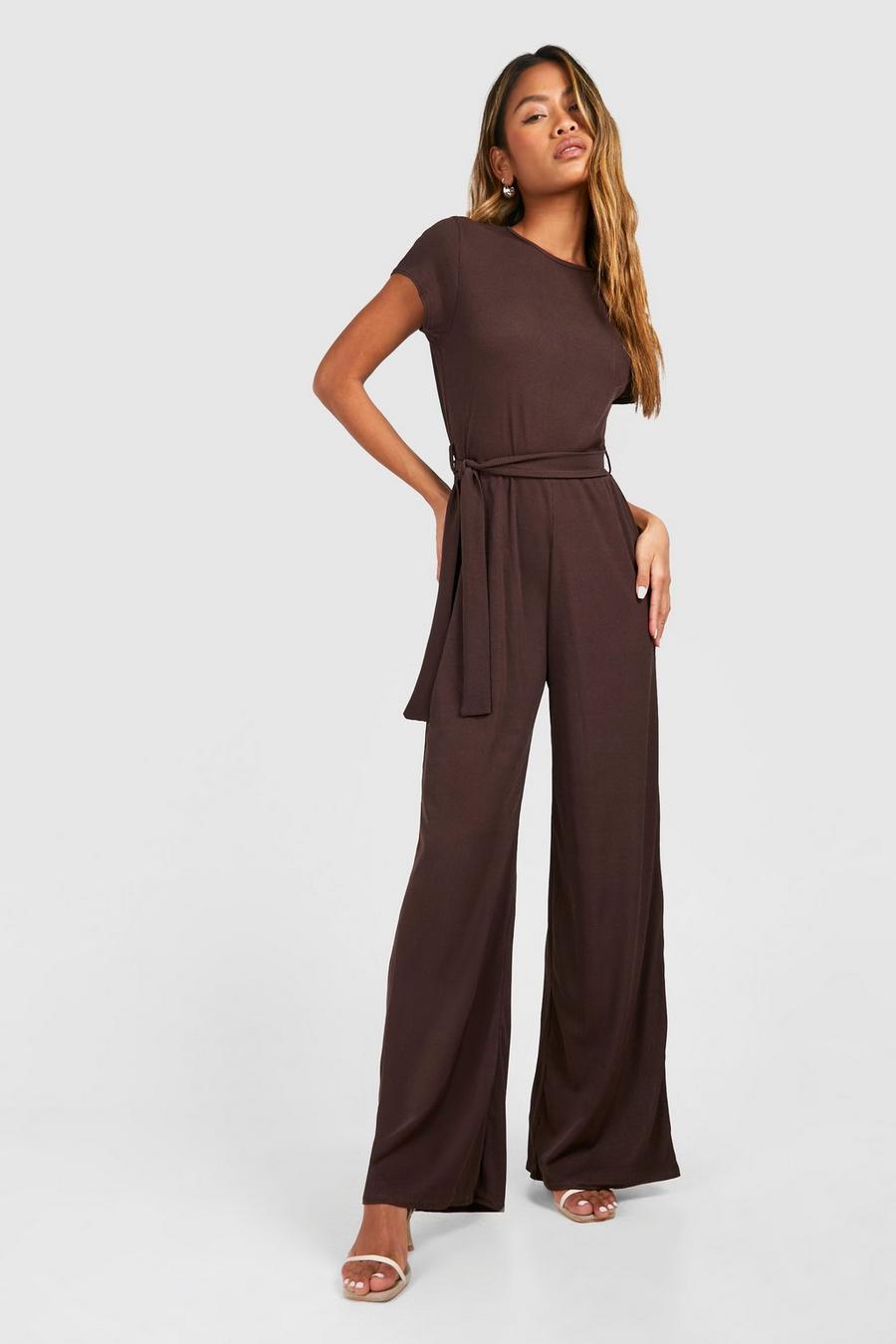 Chocolate Slouchy Belted Soft Rib Jumpsuit