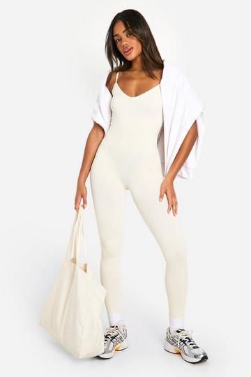 Stone Beige Basic Seamless Rib Strappy Unitard