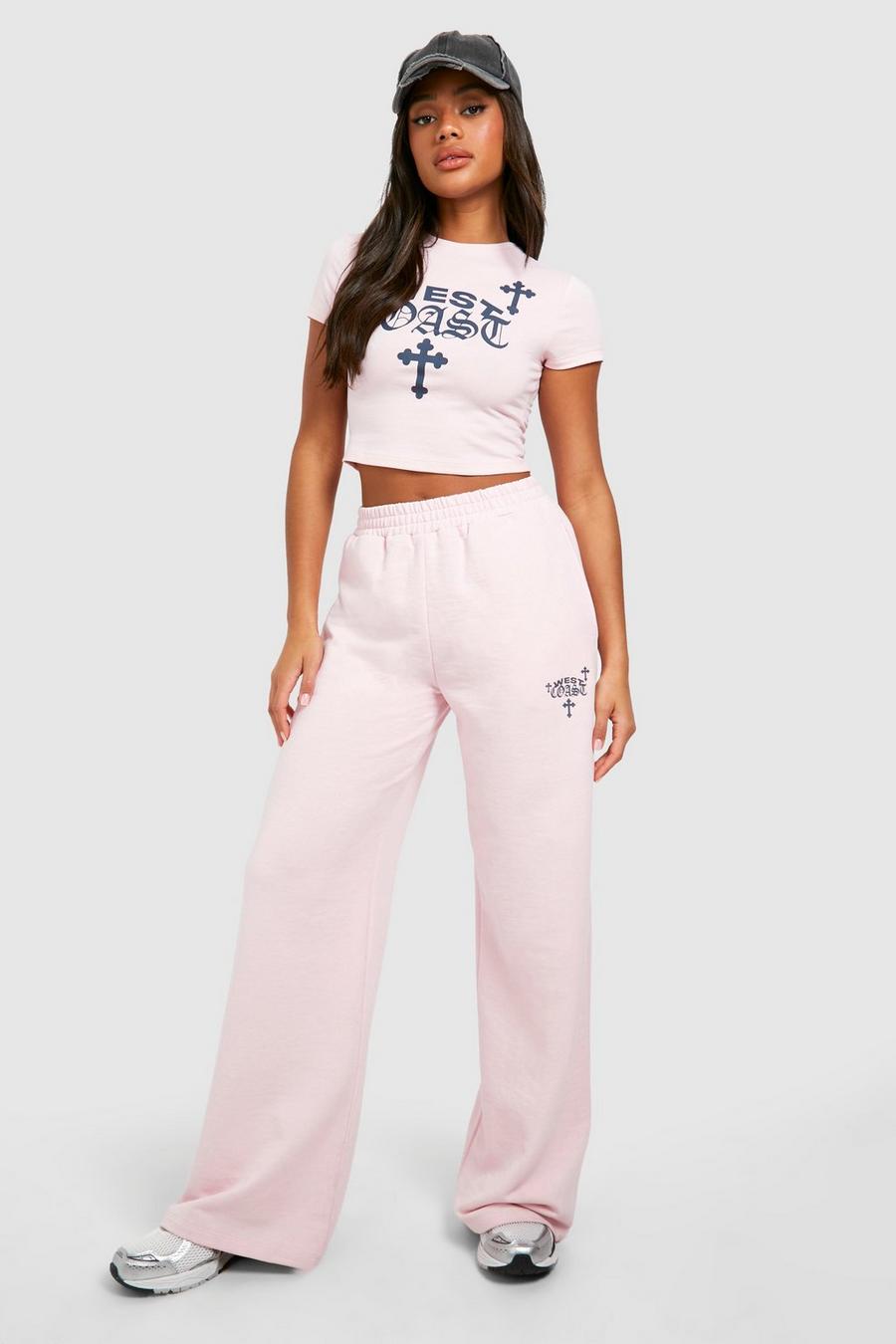 Conjunto de pantalón deportivo recto y camiseta con estampado West Coast, Baby pink image number 1