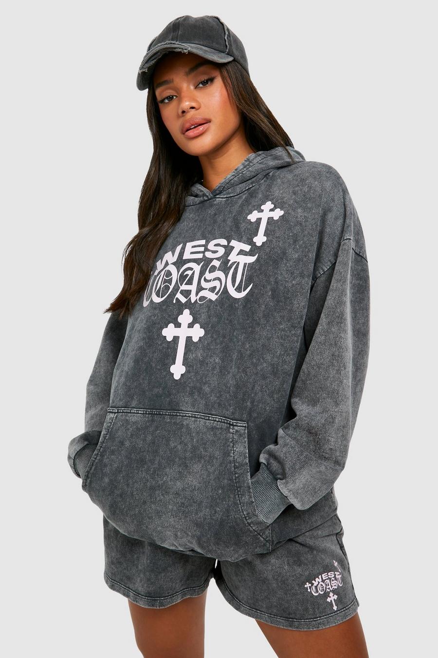 Charcoal West Coast Cross Print Washed Hooded Short Tracksuit image number 1