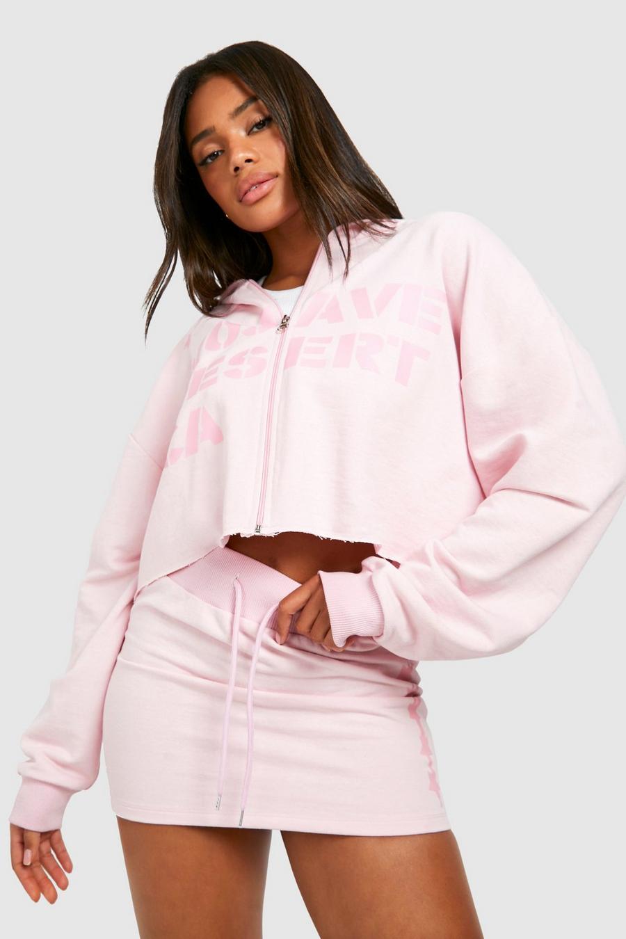 Conjunto de falda sudadera y sudadera recta con capucha, cremallera y eslogan, Baby pink image number 1
