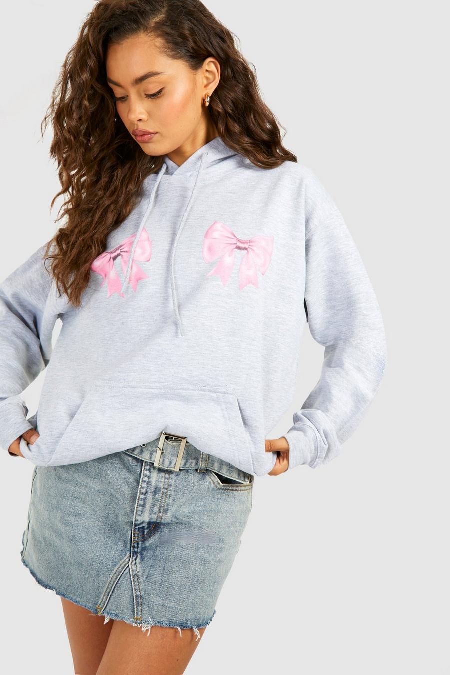 Ash grey Bow Print Oversized Hoodie image number 1