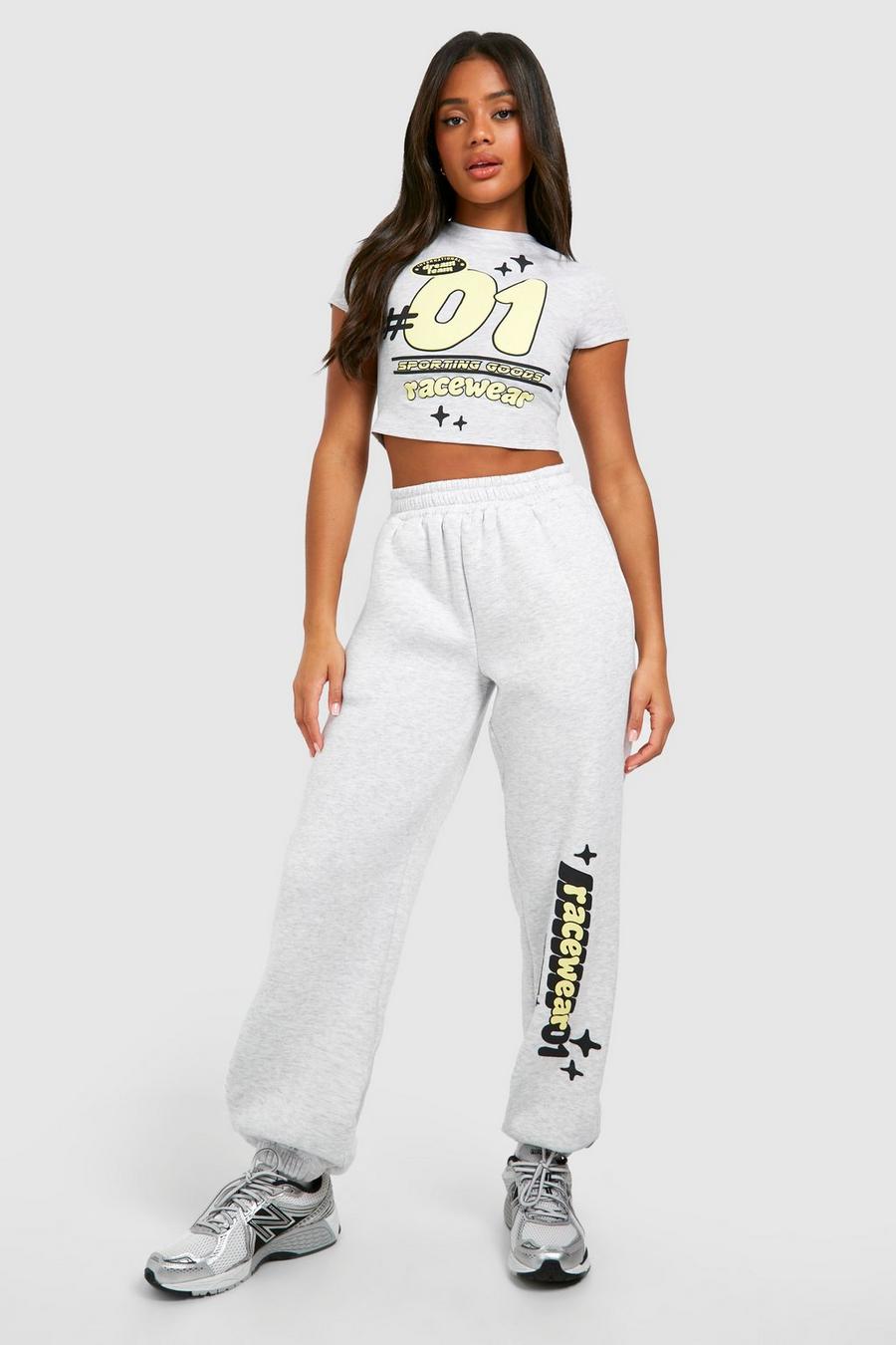 Ash grey Motorsport Puff Print Fitted T-Shirt And Straight Leg Track Pants Set image number 1