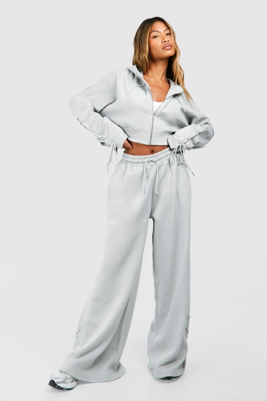 Chándal de pantalón deportivo y sudadera recta con sudadera con capucha y detalle de encaje, Ice grey image number 1